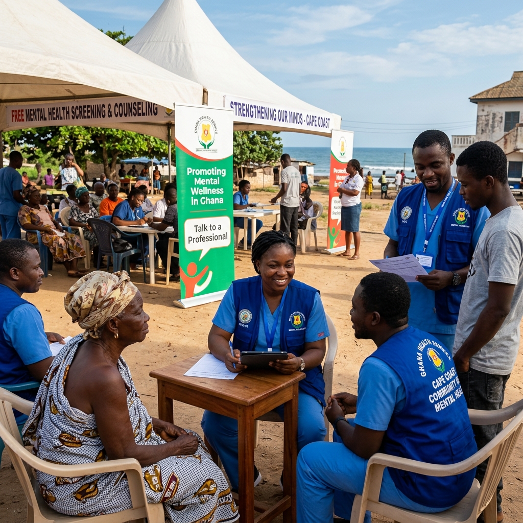 Clinical team conducting free community mental health screenings in rural Central Region