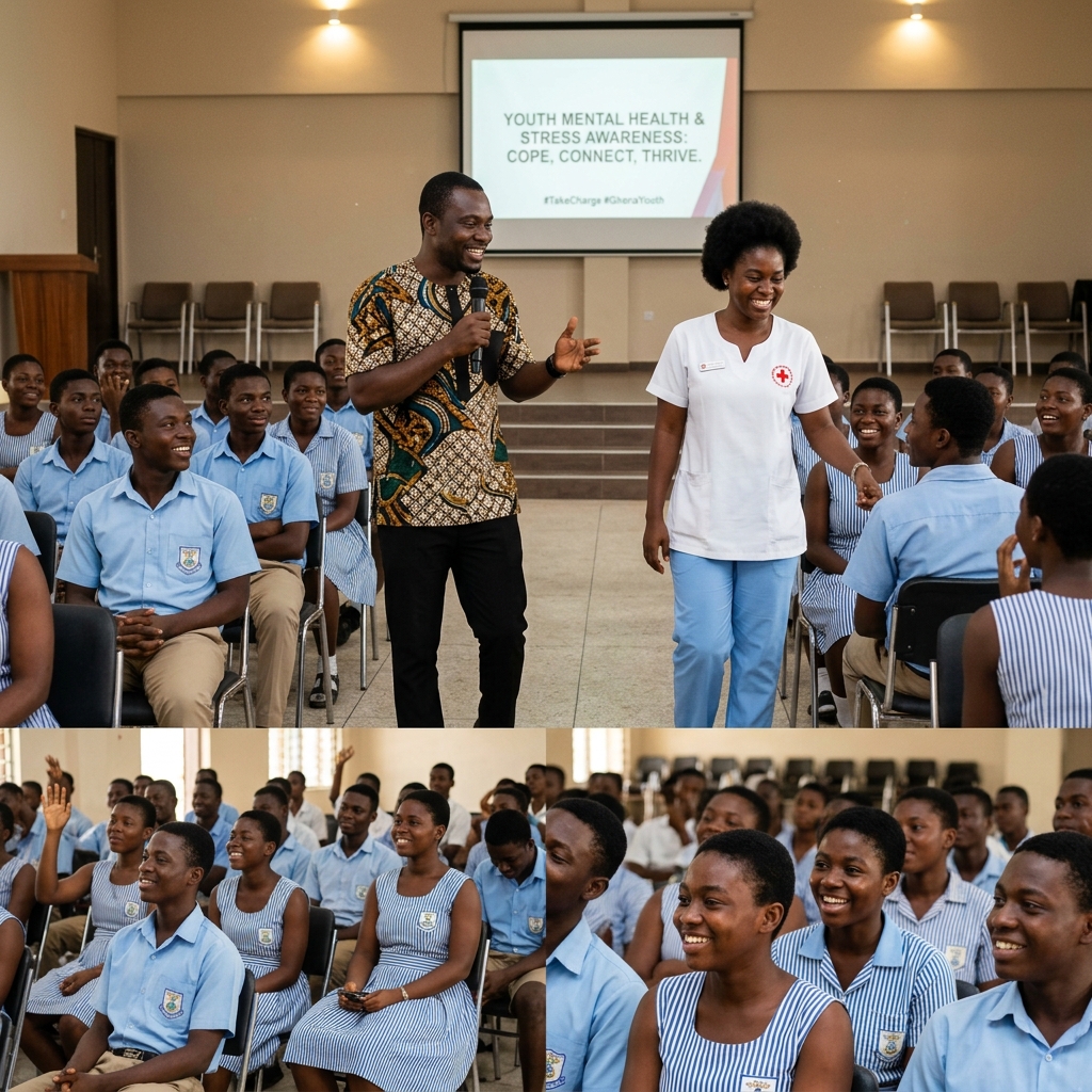 Clinical psychologists presenting youth mental health awareness seminar in Ghanaian high school
