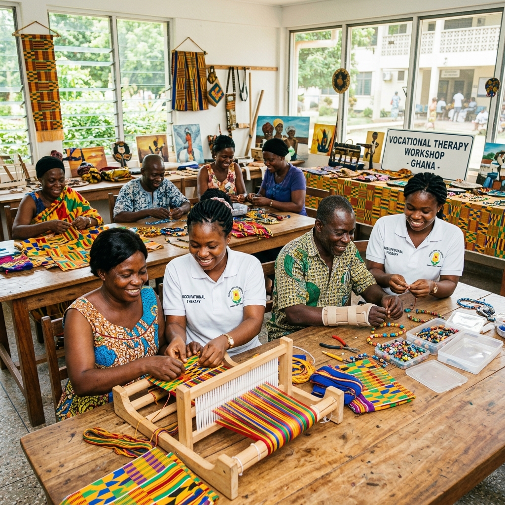 Recovering patients participating in vocational kente craft and tailoring workshop
